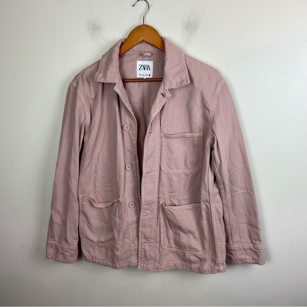 Zara‎ Blush Pink Denim Chore Utility Jean Jacket Size Small Oversized